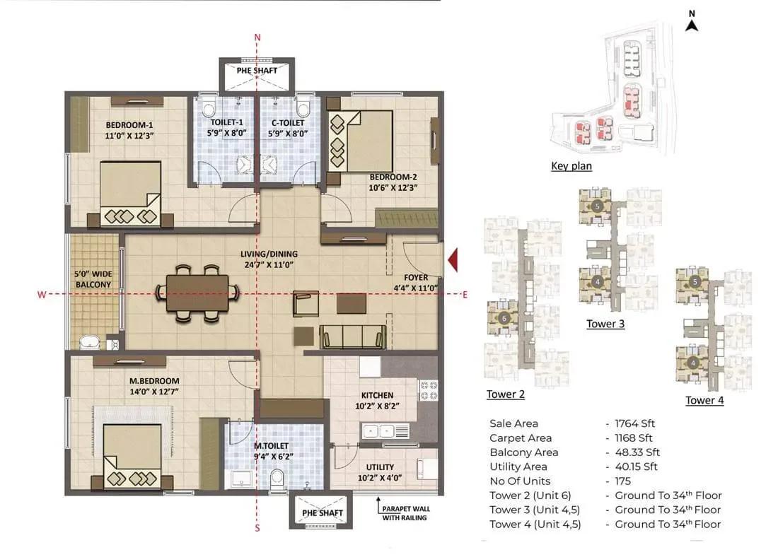 Prestige Tranquil 3 BHK 1764 sq ft floor plan