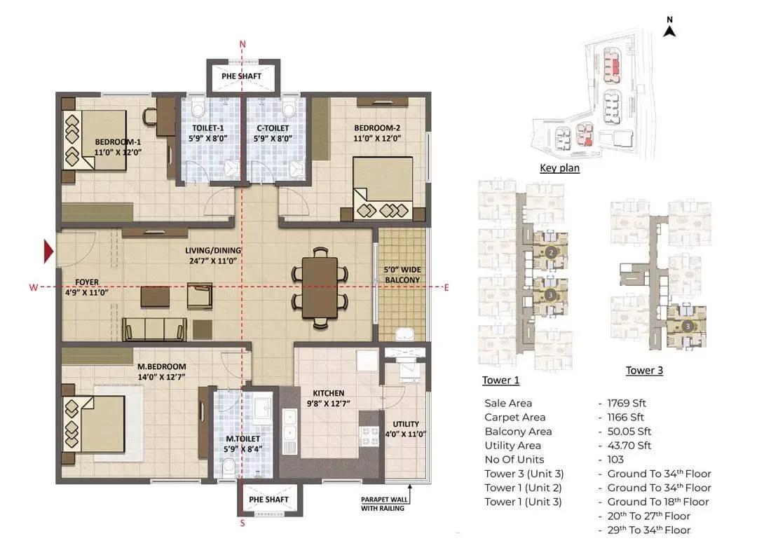 Prestige Tranquil 3 BHK 1769 sq ft floor plan