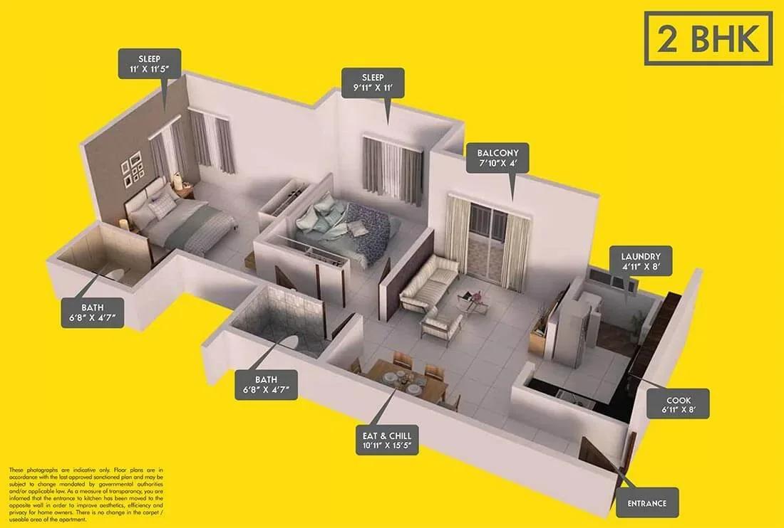 Provident Equinox apartments 2 BHK 3D floor plan