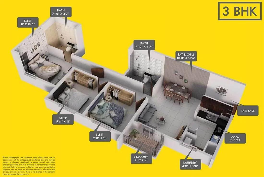 Provident Equinox apartments 3 BHK 3D floor plan
