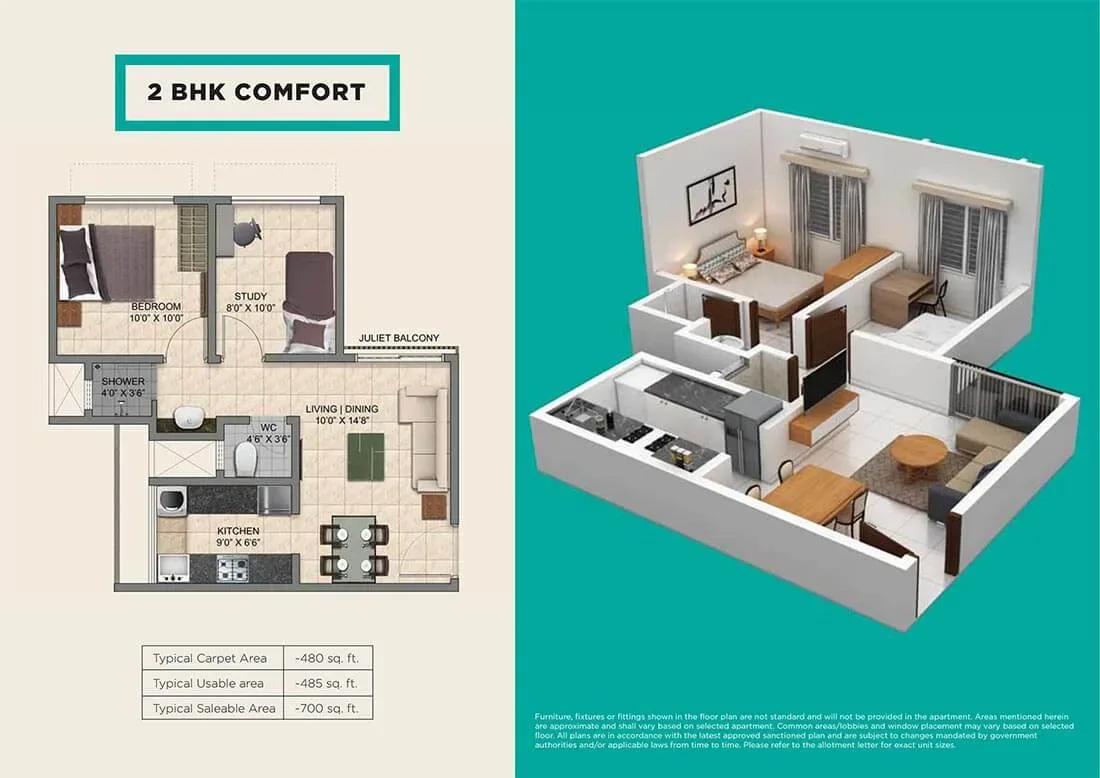 Provident Park One apartments 2 BHK Comfort floor plan
