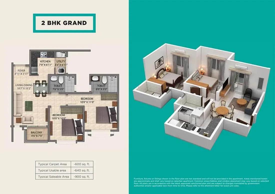 Provident Park One apartments 2 BHK Grand floor plan