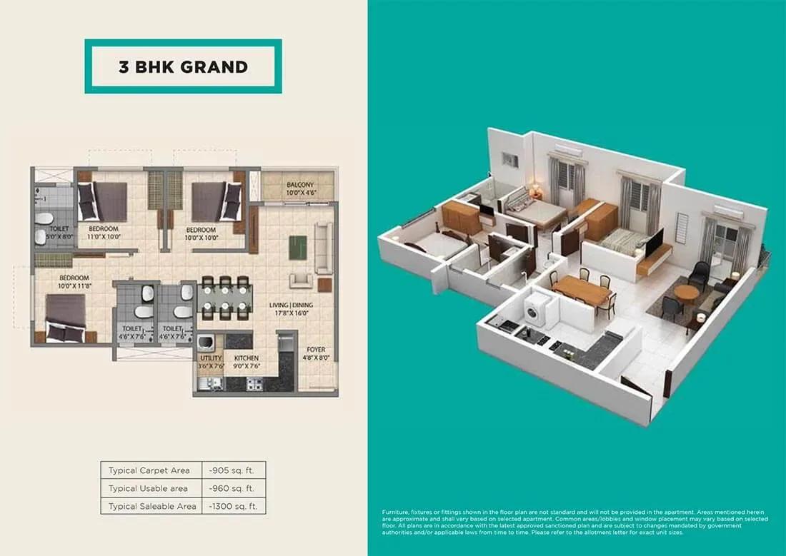 Provident Park One apartments 3 BHK Grand floor plan