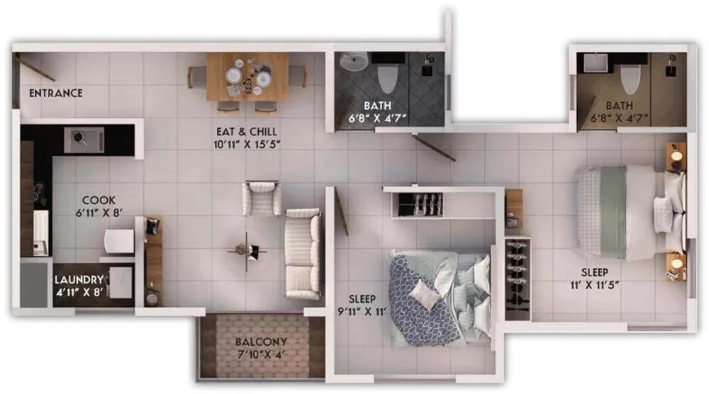Provident Sunworth City apartments 2 BHK floor plan