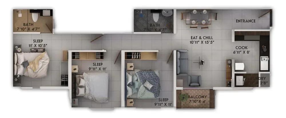 Provident Sunworth City apartments 3 BHK floor plan