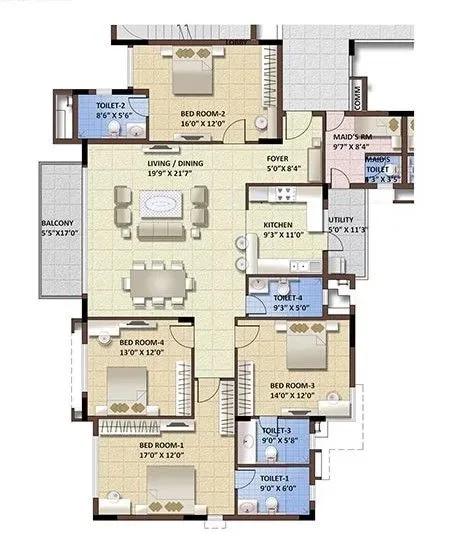 Purva Whitehall apartments 4 BHK floor plan