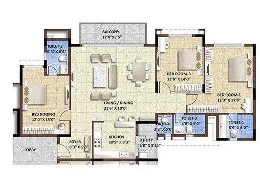 Purva Whitehall apartments 3 BHK floor plan