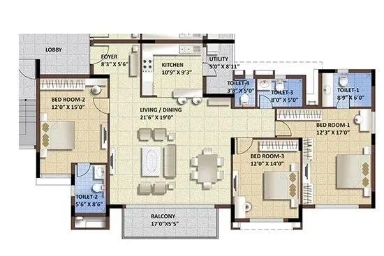 Purva Whitehall apartments 3 BHK floor plan