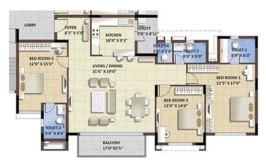 Purva Whitehall apartments 3 BHK floor plan