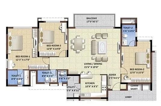 Purva Whitehall apartments 3 BHK floor plan
