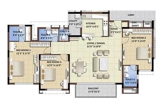 Purva Whitehall apartments 3 BHK floor plan