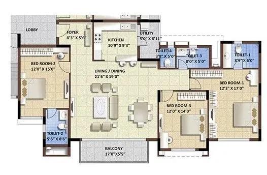 Purva Whitehall apartments 3 BHK floor plan