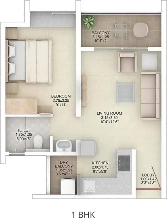 Rohan Abhilasha 2 apartments 1 BHK 3D floor plan