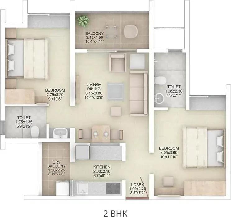 Rohan Abhilasha 2 apartments 2 BHK 3D floor plan