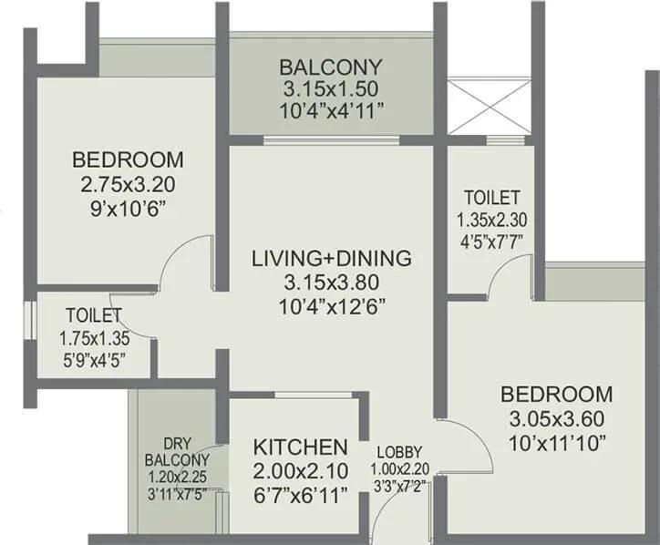 Rohan Abhilasha 2 apartments 2 BHK 611 sq ft floor plan
