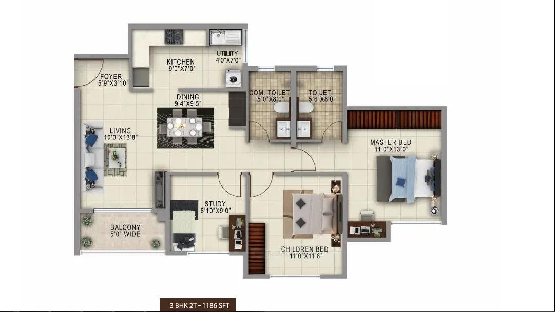Salarpuria Sattva Anugraha apartments 3 BHK 1186 sq ft floor plan