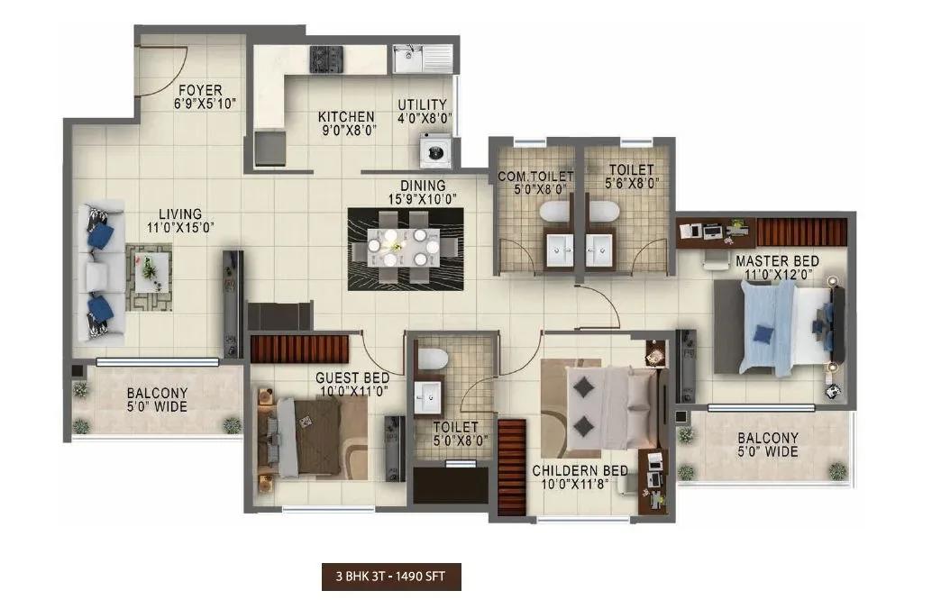 Salarpuria Sattva Anugraha apartments 3 BHK 1490 sq ft floor plan