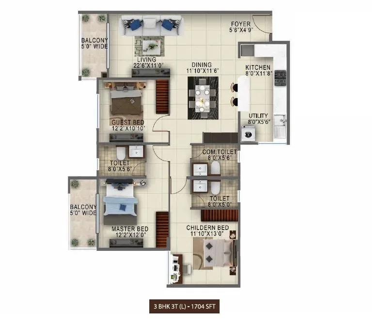 Salarpuria Sattva Anugraha apartments 3 BHK 1704 sq ft floor plan