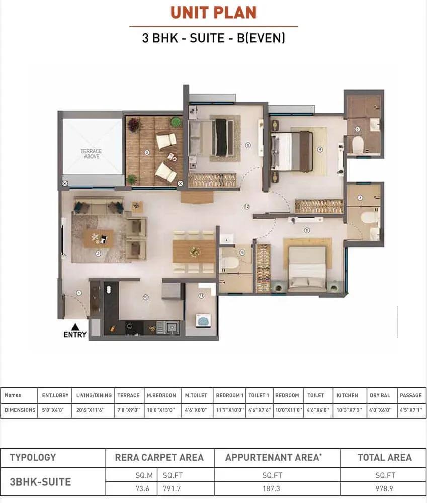 Shapoorji Pallonji Sensorium apartments 3 BHK floor plan