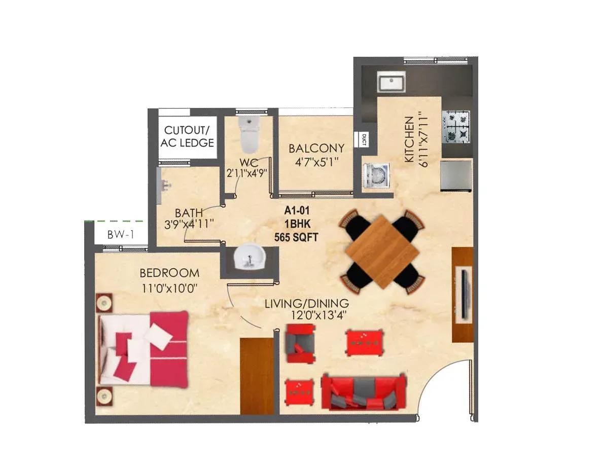 SNN Raj Etternia 1 BHK 565 sq ft floor plan