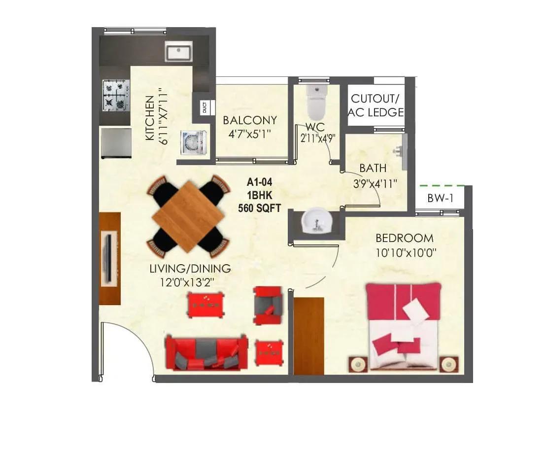 SNN Raj Etternia 1 BHK 560 sq ft floor plan