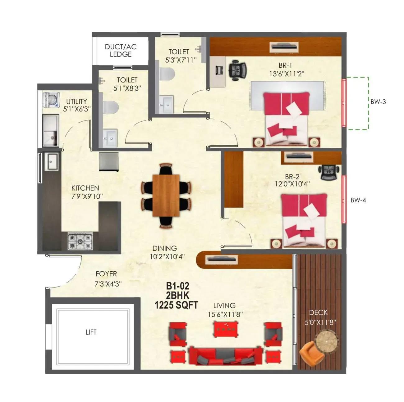 SNN Raj Etternia 2 BHK 1225 sq ft floor plan