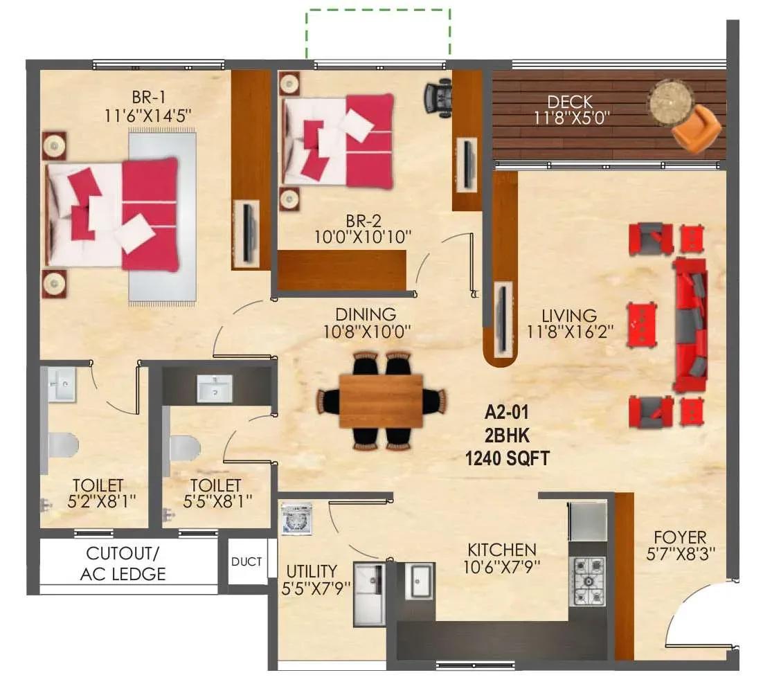 SNN Raj Etternia 2 BHK 1240 sq ft floor plan