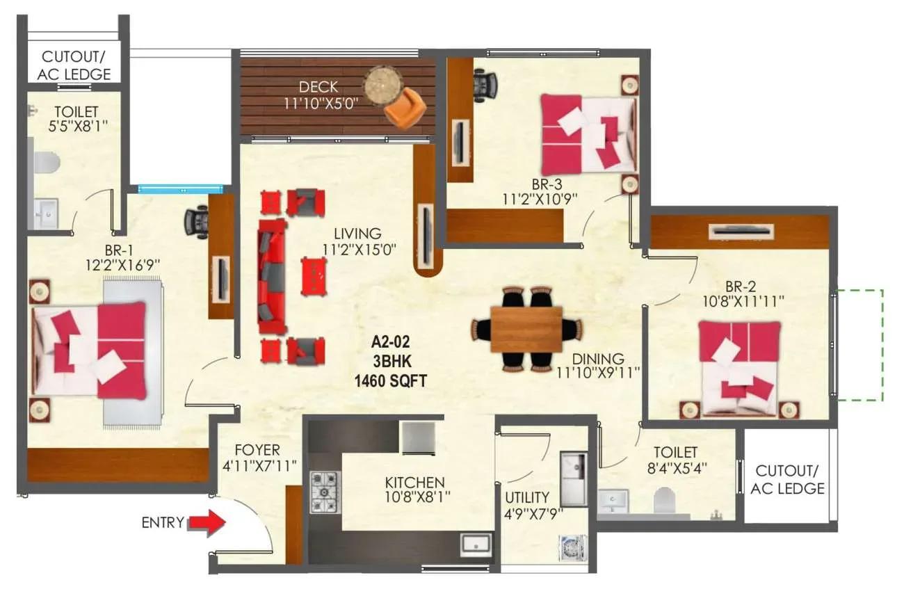 SNN Raj Etternia 3 BHK 1460 sq ft floor plan