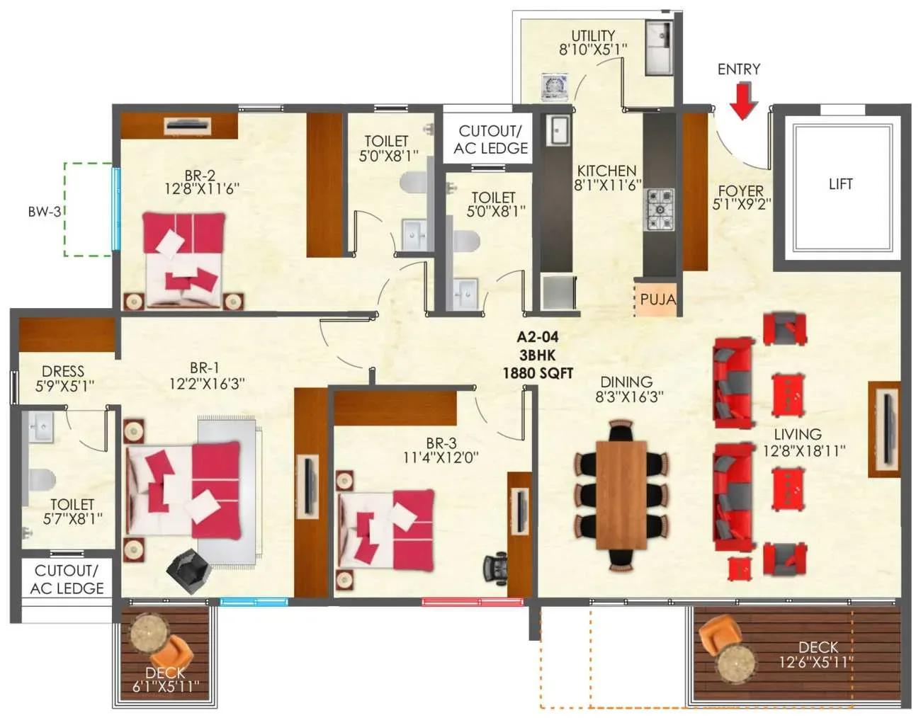 SNN Raj Etternia 3 BHK 1880 sq ft floor plan