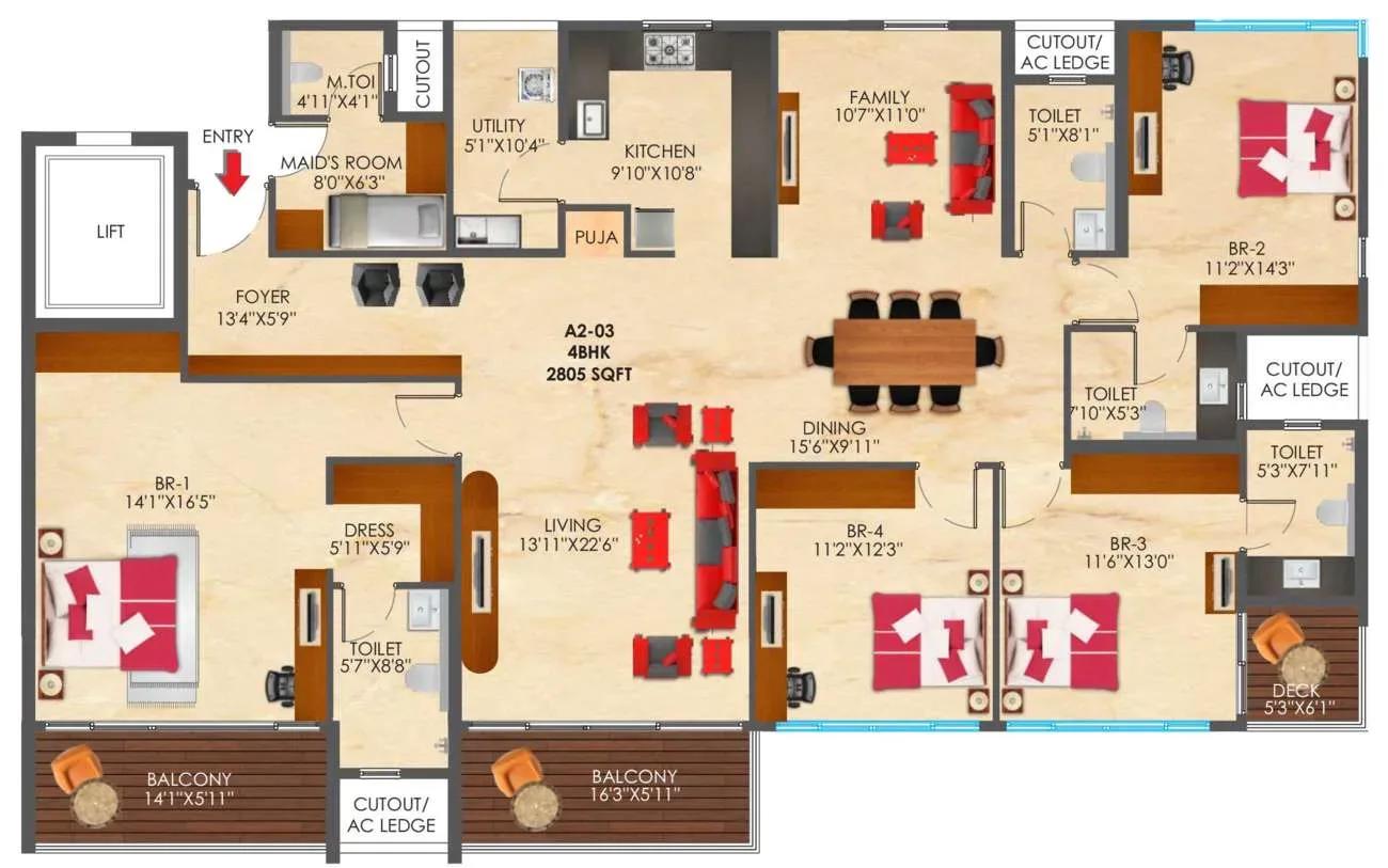 SNN Raj Etternia 4 BHK 2805 sq ft floor plan