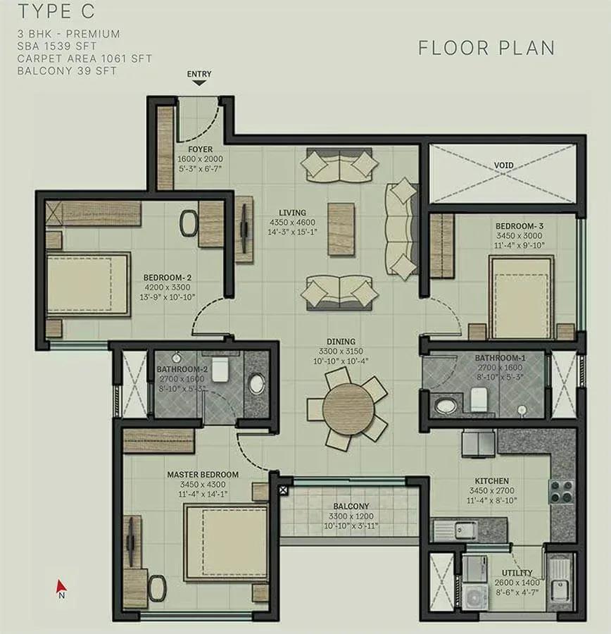 Sobha Arbor apartments 3 BHK Premium 1539 sq ft floor plan