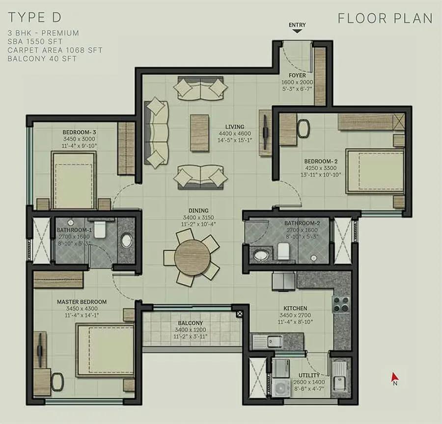 Sobha Arbor apartments 3 BHK Premium 1550 sq ft floor plan