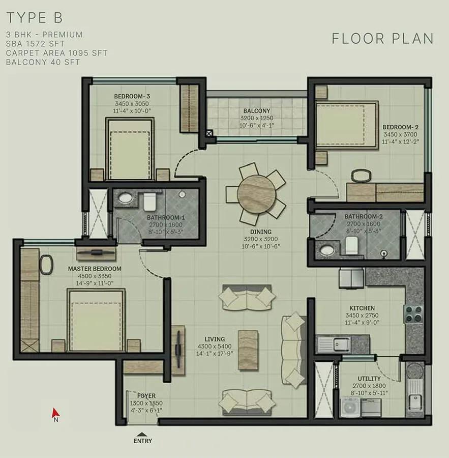 Sobha Arbor apartments 3 BHK Premium 1572 sq ft floor plan
