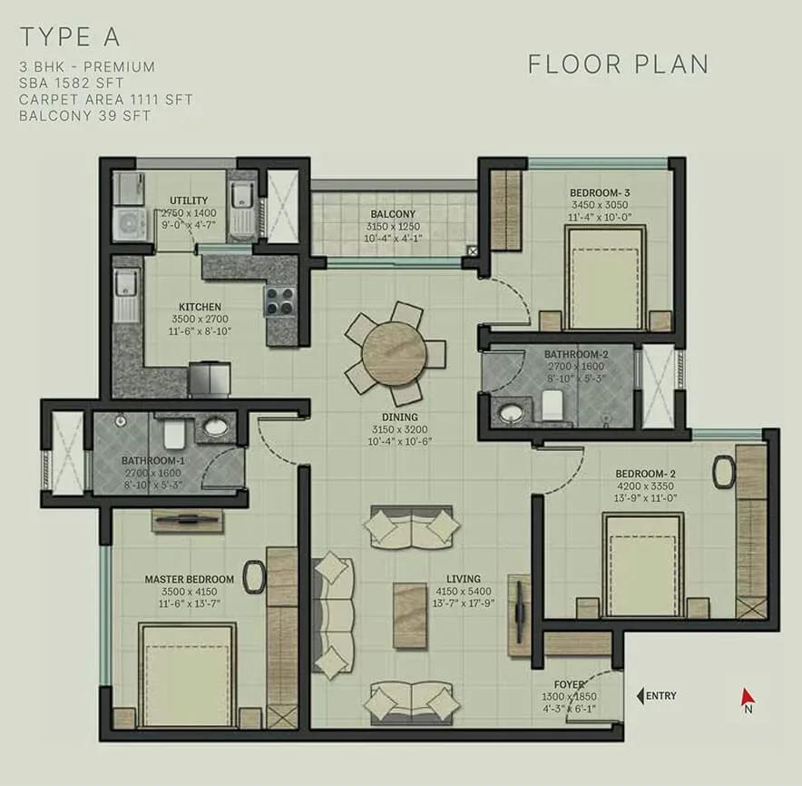 Sobha Arbor apartments 3 BHK Premium 1582 sq ft floor plan