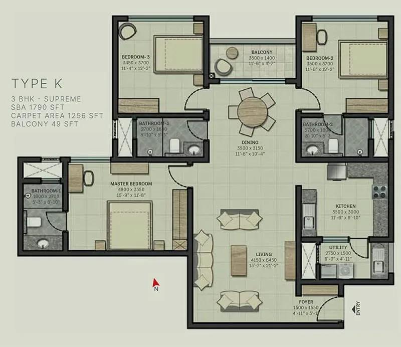 Sobha Arbor apartments 3 BHK Supreme 1790 sq ft floor plan