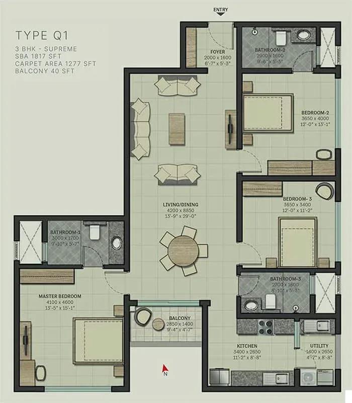 Sobha Arbor apartments 3 BHK Supreme 1817 sq ft floor plan