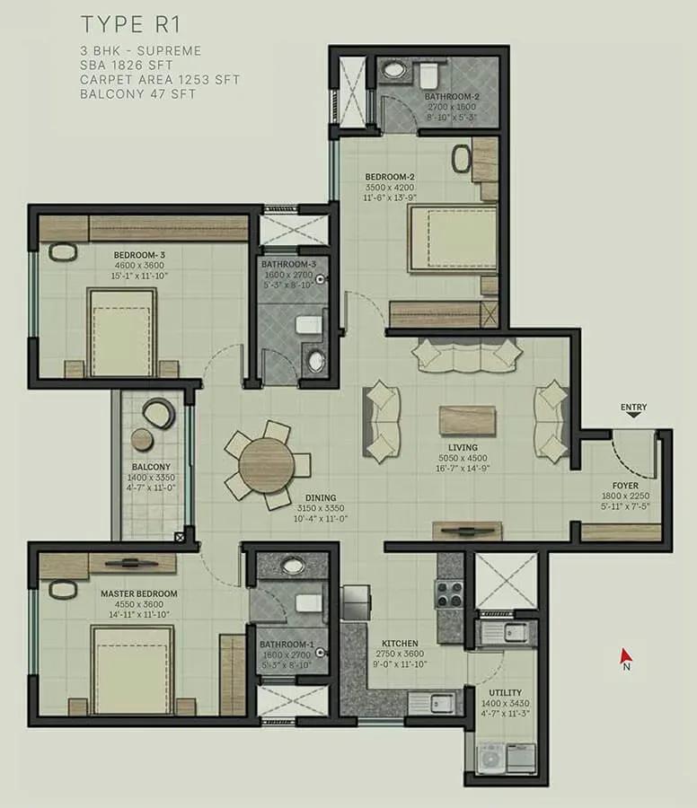 Sobha Arbor apartments 3 BHK Supreme 1826 sq ft floor plan