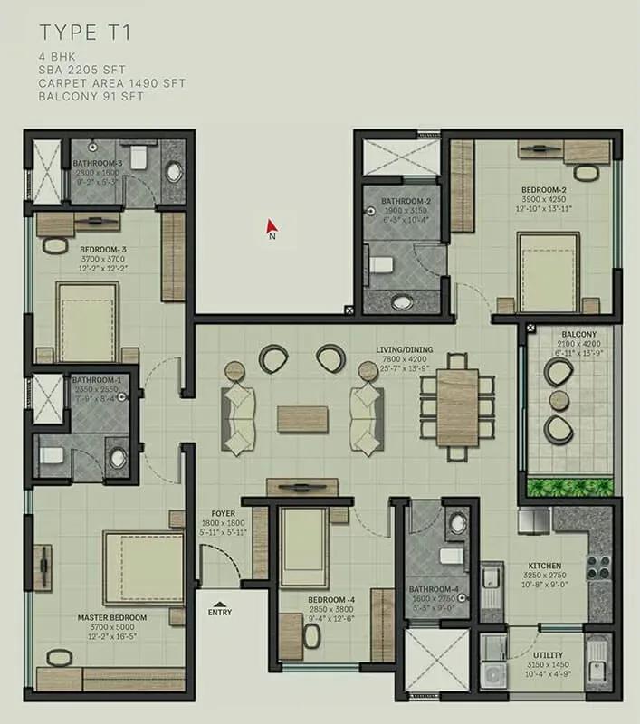 Sobha Arbor apartments 4 BHK 2205 sq ft floor plan
