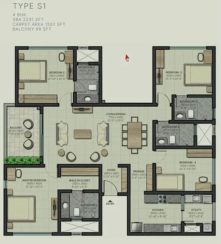 Sobha Arbor apartments 4 BHK 2231 sq ft floor plan
