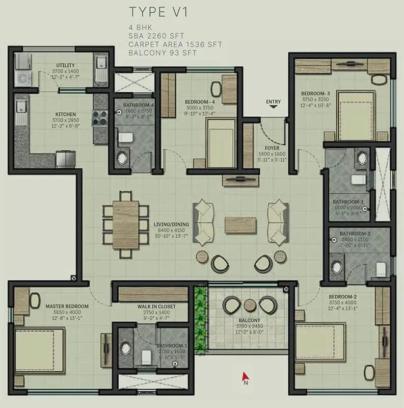Sobha Arbor apartments 4 BHK 2260 sq ft floor plan