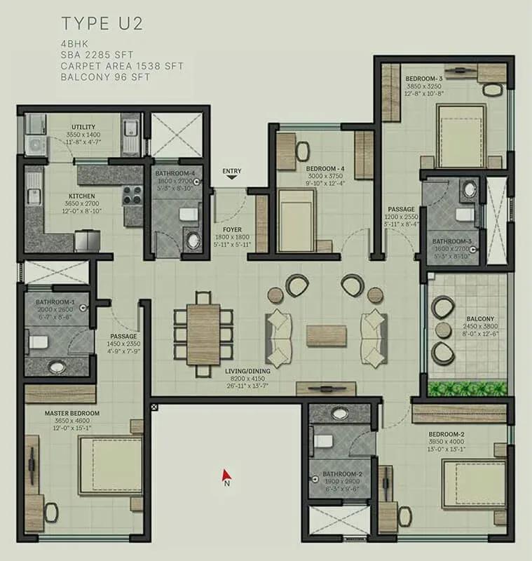 Sobha Arbor apartments 4 BHK 2285 sq ft floor plan