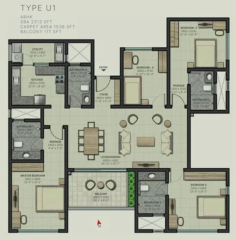 Sobha Arbor apartments 4 BHK 2313 sq ft floor plan