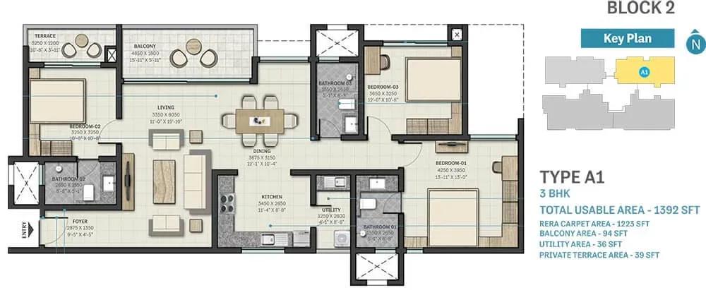 Sobha Nesara apartments 3 BHK 1392 sq ft floor plan