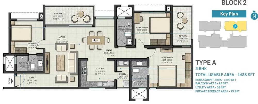 Sobha Nesara apartments 3 BHK 1438 sq ft floor plan