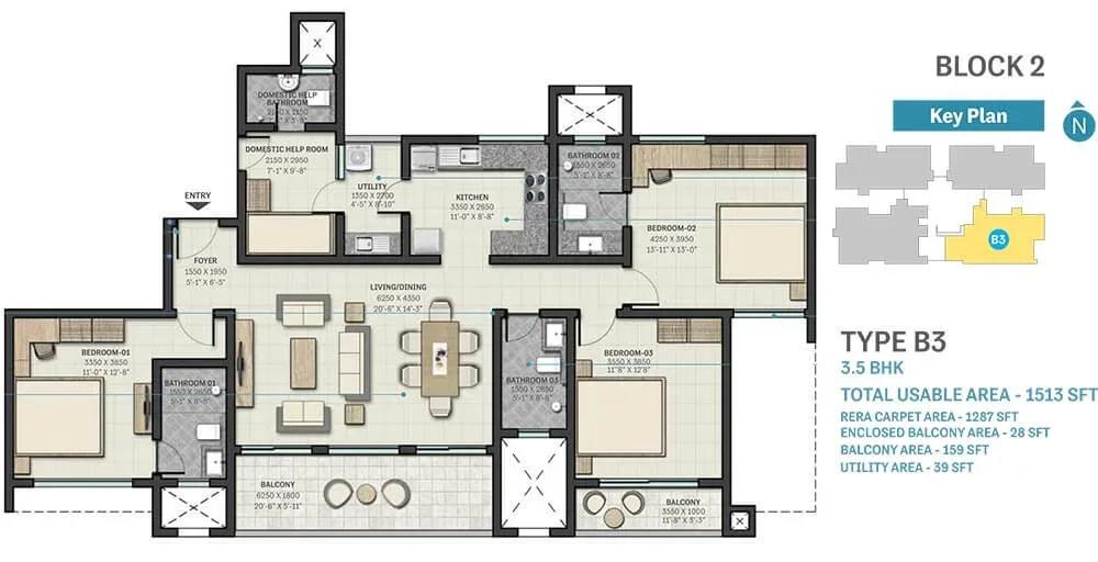Sobha Nesara apartments 3.5 BHK 1513 sq ft floor plan