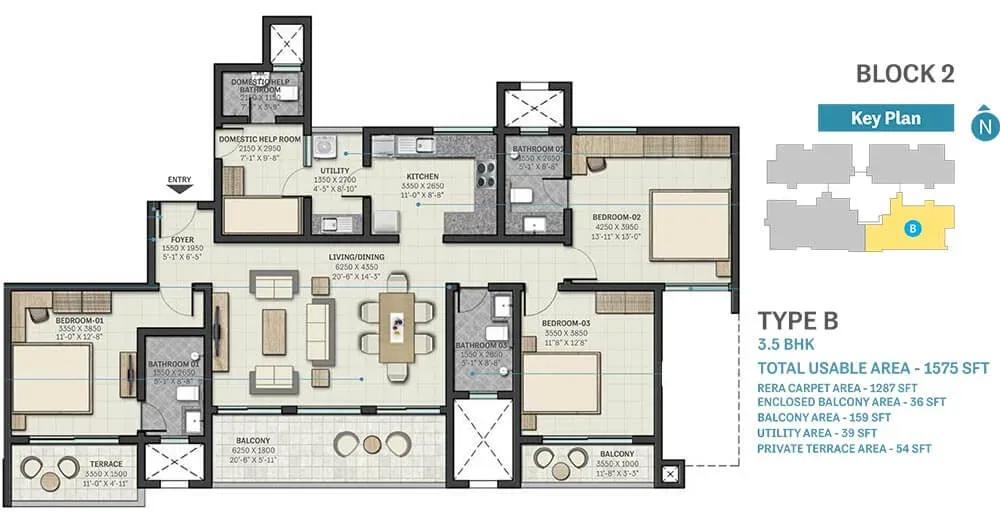 Sobha Nesara apartments 3.5 BHK 1575 sq ft floor plan