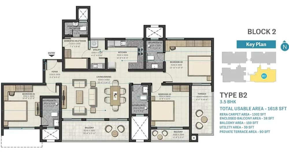 Sobha Nesara apartments 3.5 BHK 1618 sq ft floor plan