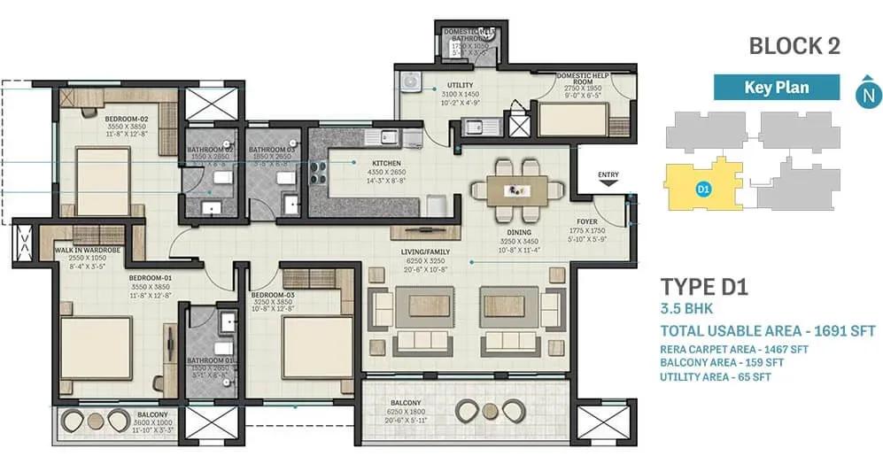 Sobha Nesara apartments 3.5 BHK 1691 sq ft floor plan
