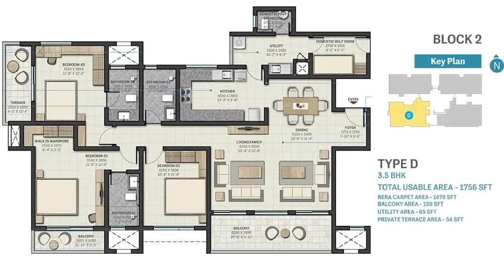 Sobha Nesara apartments 3.5 BHK 1756 sq ft floor plan
