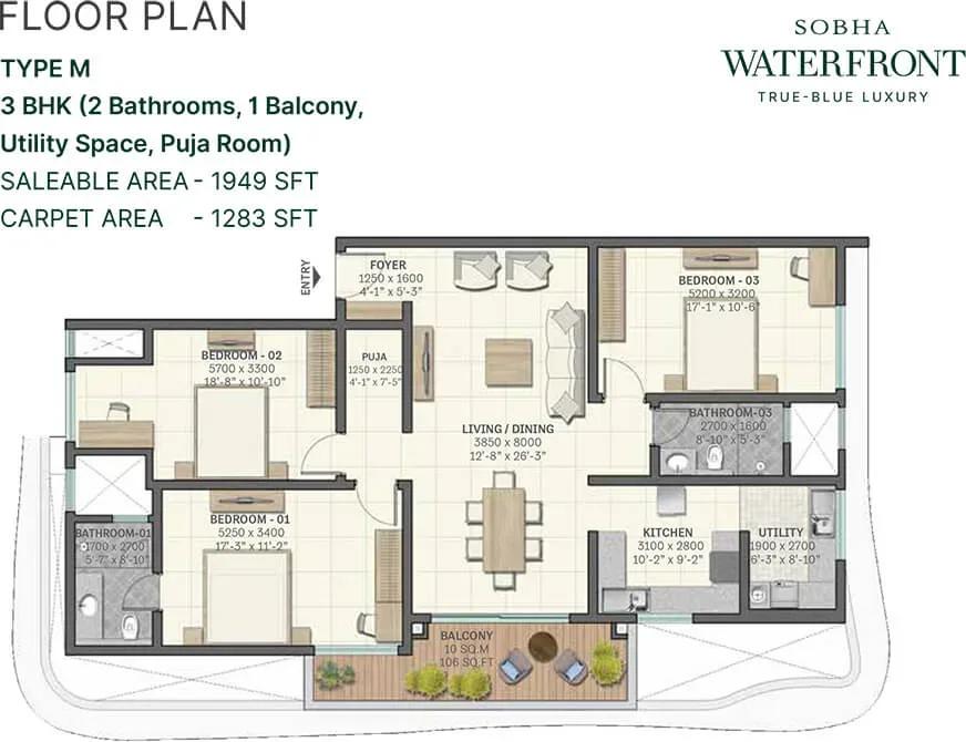 Sobha Waterfront apartments 3 BHK 1949 sq ft floor plan